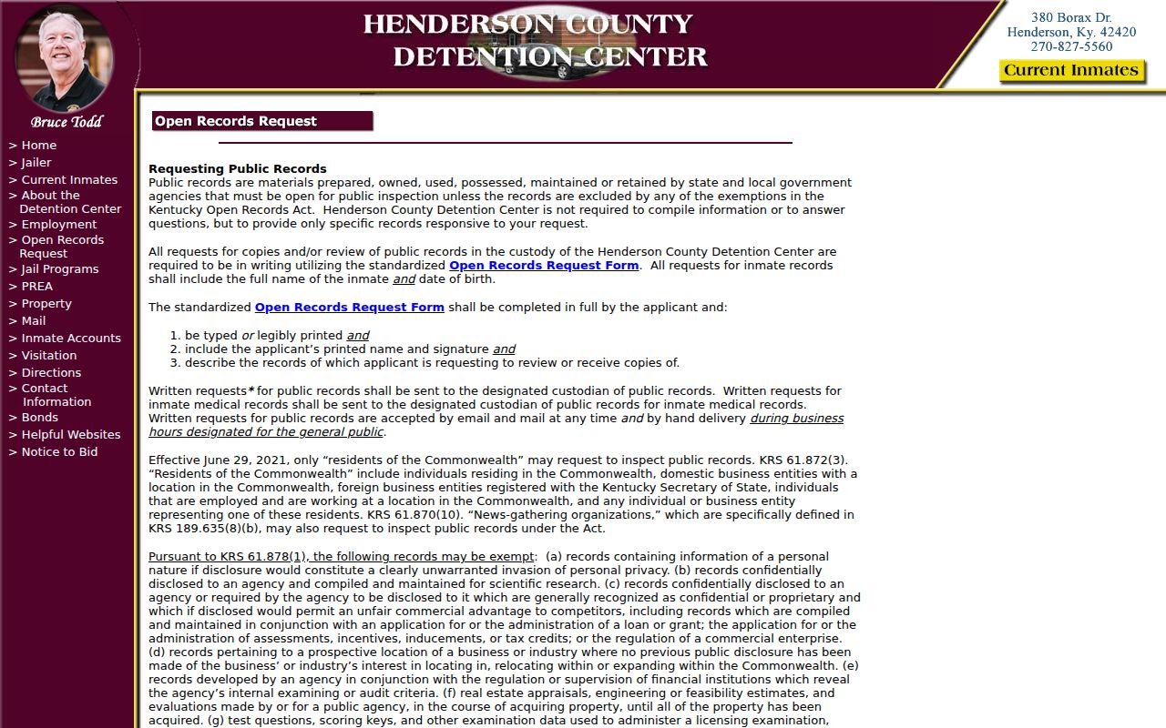 Henderson County Detention Center arrest and booking records request